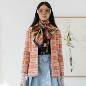 Vintage 60s Geometric Print Shirt Jacket Burnt Orange Mod Dagger Collar M L